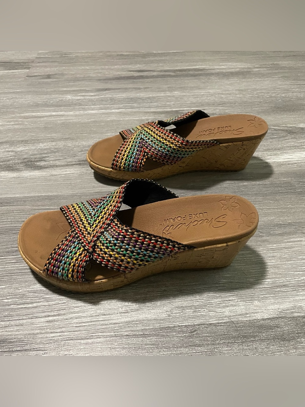 Skechers Luxe Foam Women's 6 Slide Cork Wedge Sandals Multicolor Woven Textile